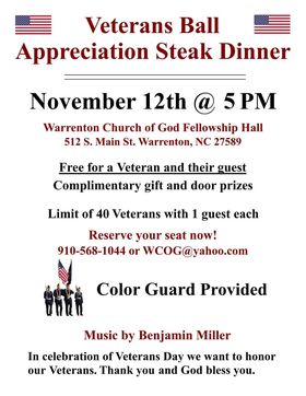 veterans ball appreciation steak dinner warrenton church of god nc november 12 2022
