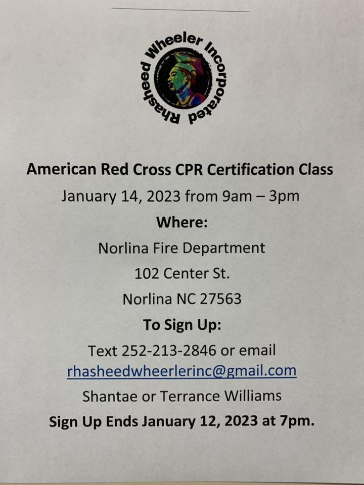 rhasheed wheeler inc american red cross cpr certification class norlina nc january 2023