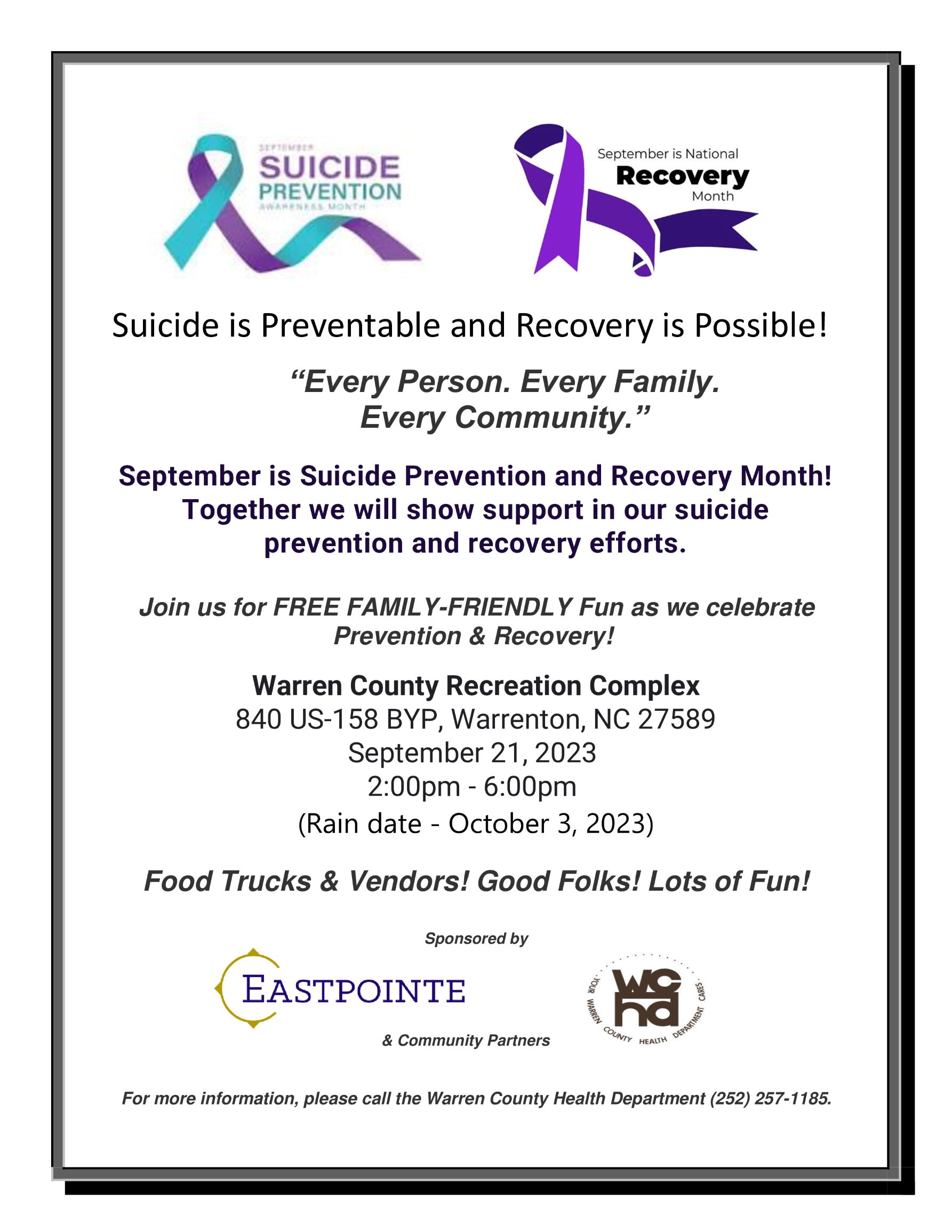 Suicide Prevention and Recovery Month warren county health dept eastpointe warrenton nc september 21 2023