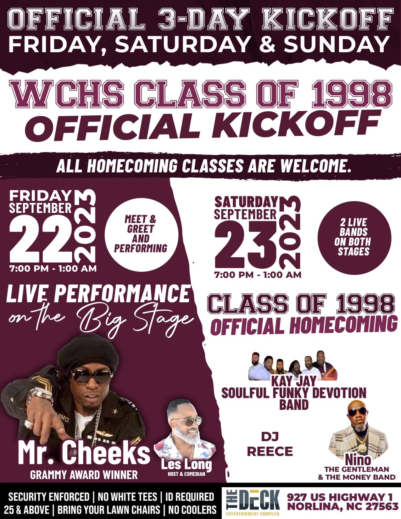 wchs class of 1998 mr cheeks les long kay jay dj reece nino the gentleman the deck entertainment norlina september 22 23 2023