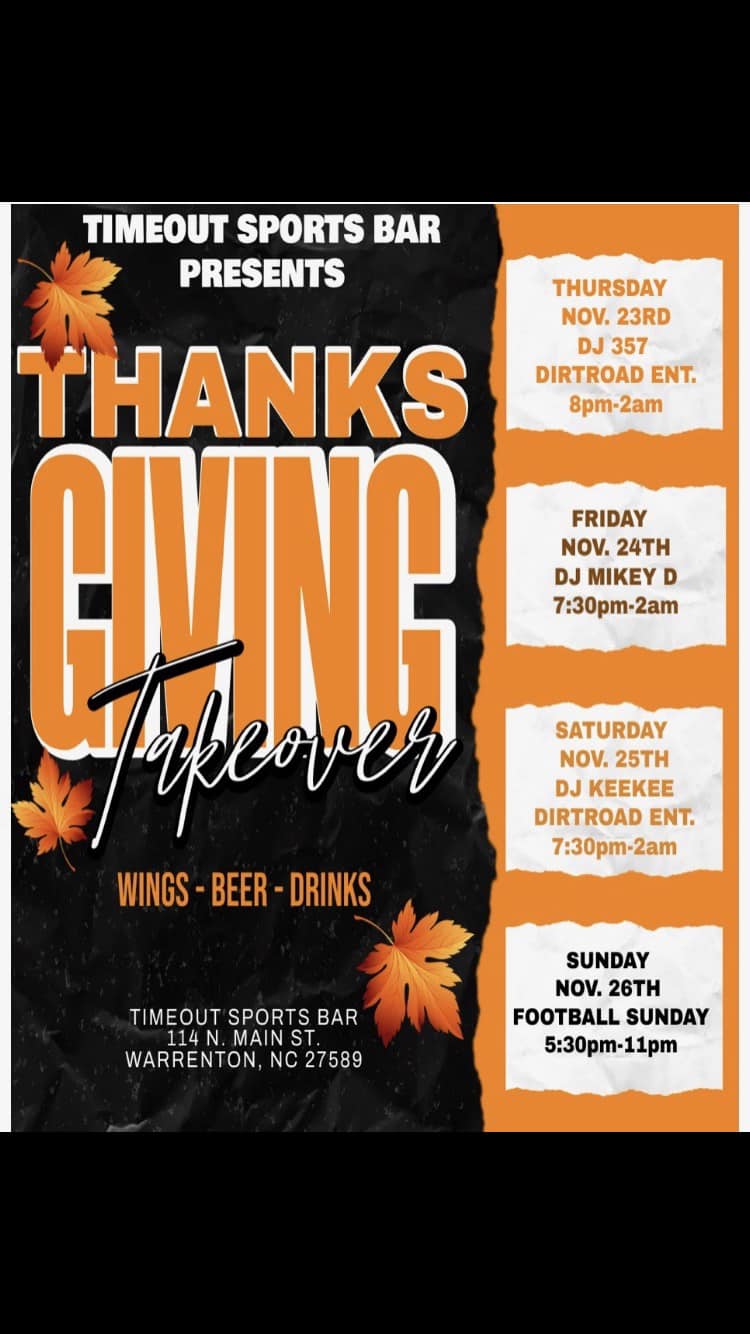 time out sports bar thanksgiving 2023 warrenton nc