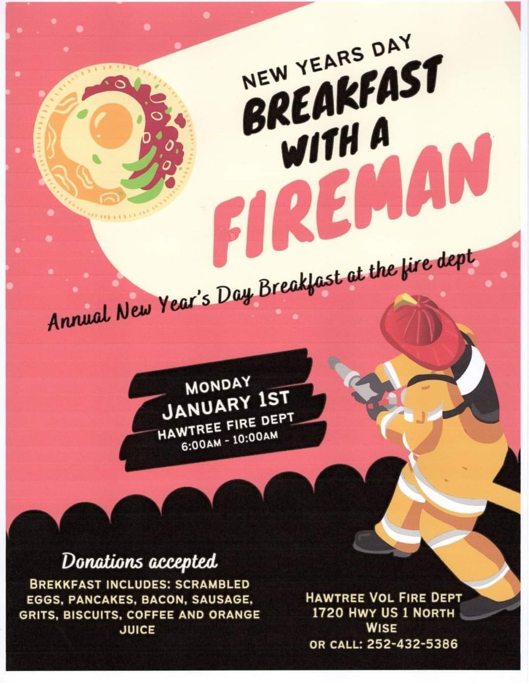 new years day breakfast with a fireman january 1 2024 hawtree volunteer fire department wise nc