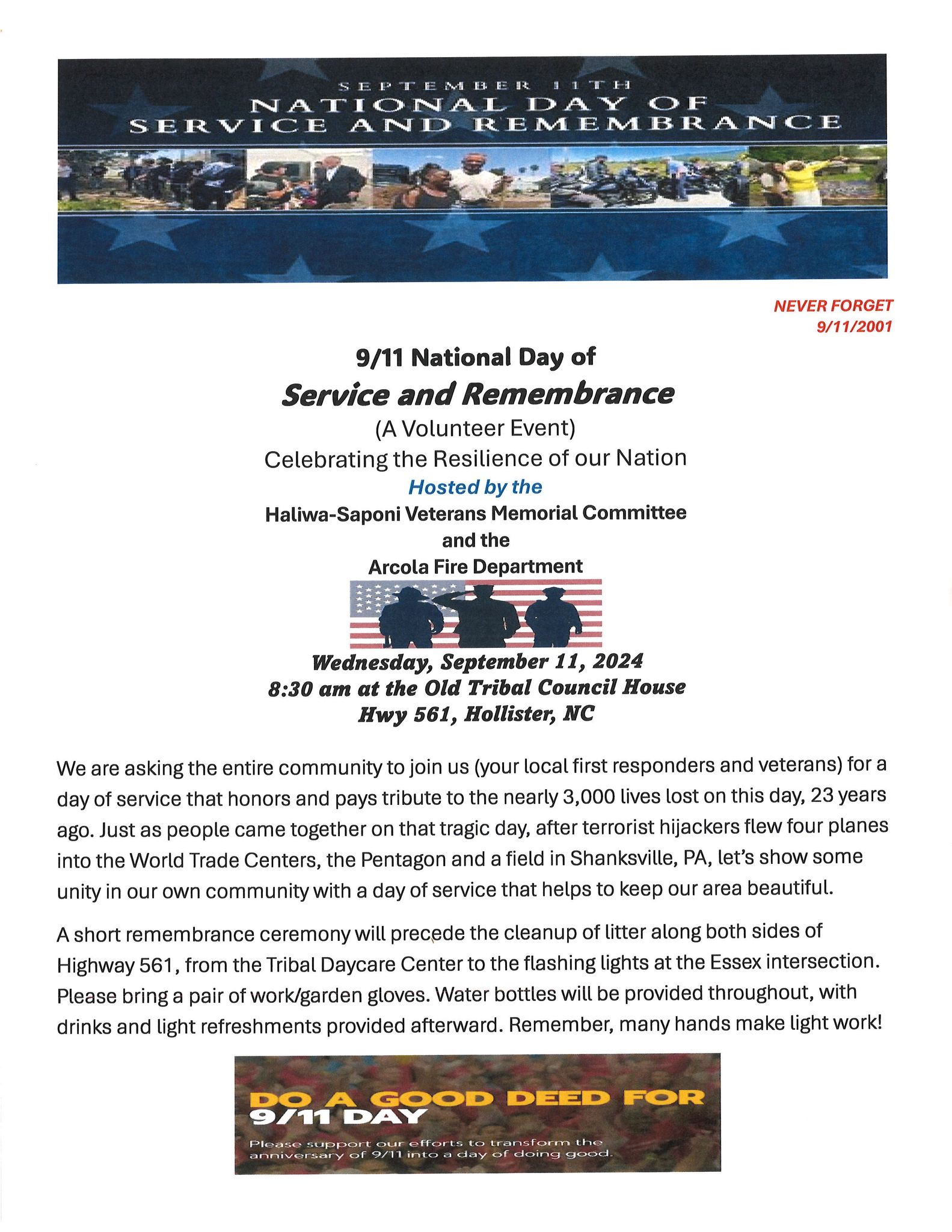 9-11 national day of remembrance haliwa saponi veterans hollister 2024