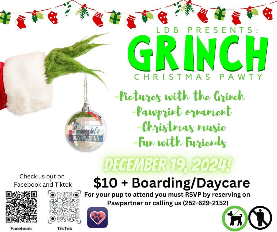 grinch christmas pawty lakeside dog boarding littleton nc 2024