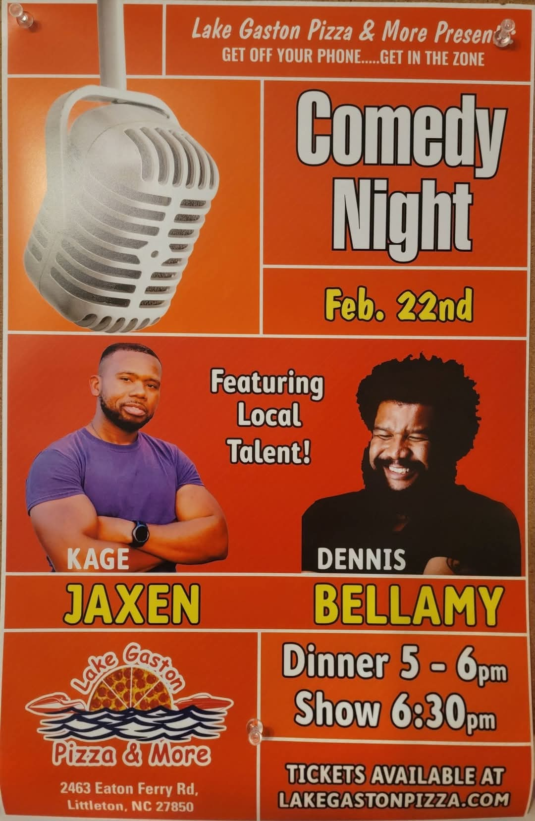 comedy night lake gaston pizza kage jaxen dennis bellamy february 22 2025