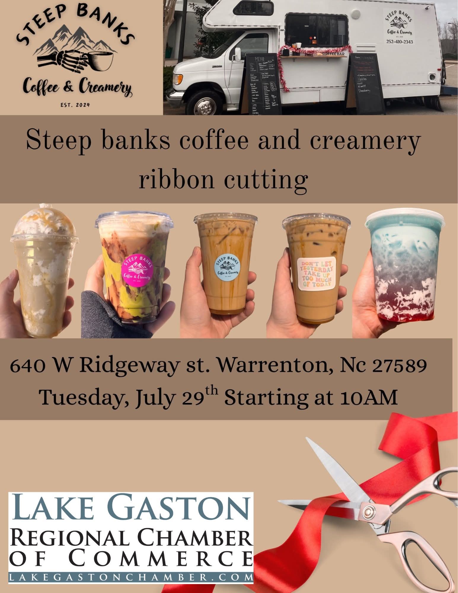 Steep Banks Coffee Creamery ribbon cutting lake gaston chamber july 2025 warrenton nc