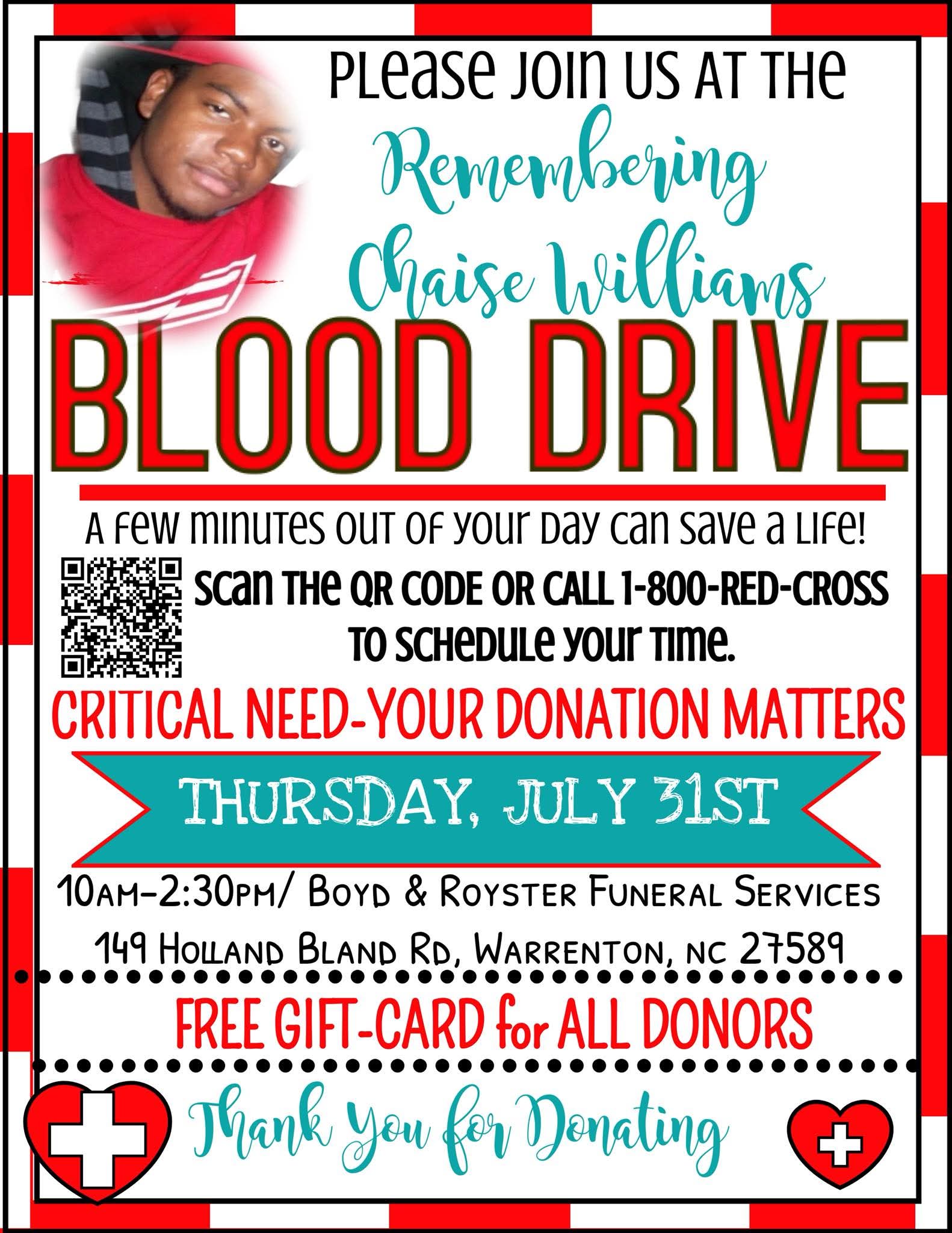 chaise williams boyd and royster blood drive warrenton nc july 2025
