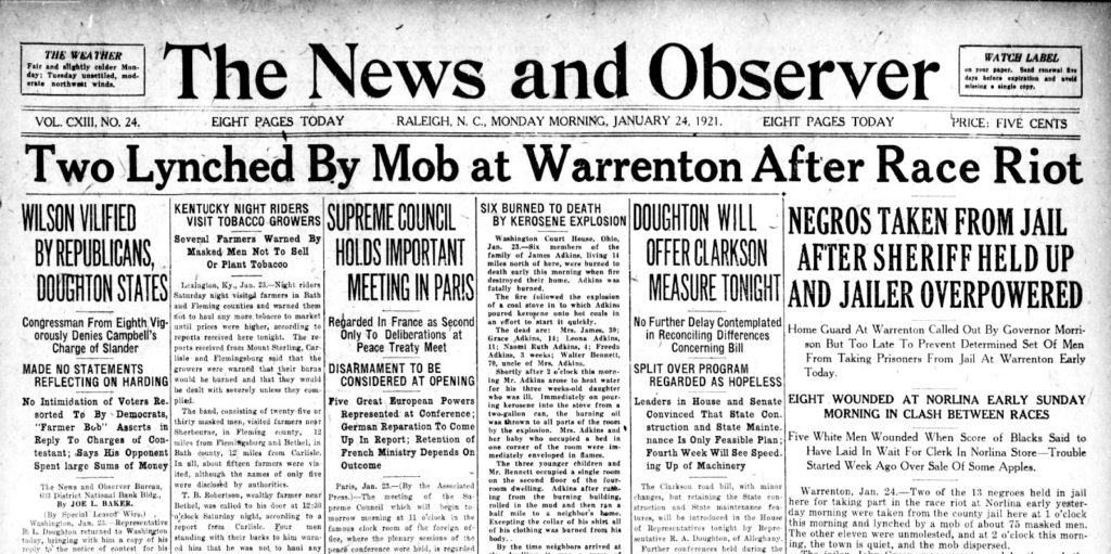 news observer warren county nc lynching 1921 project