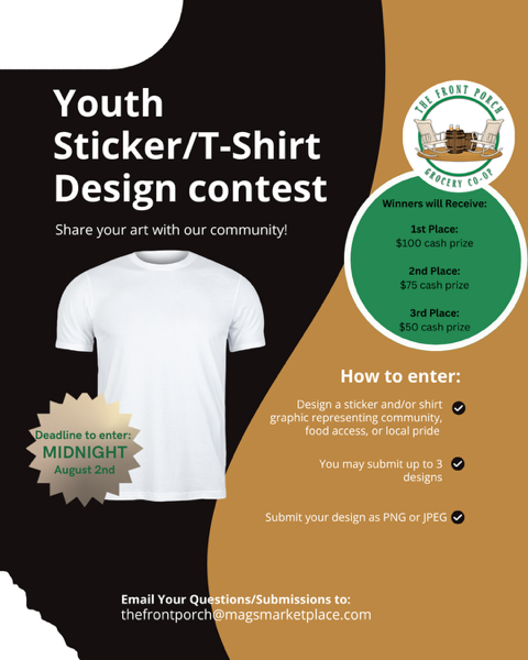 front porch grocery cooperative youth T-shirt sticker contest