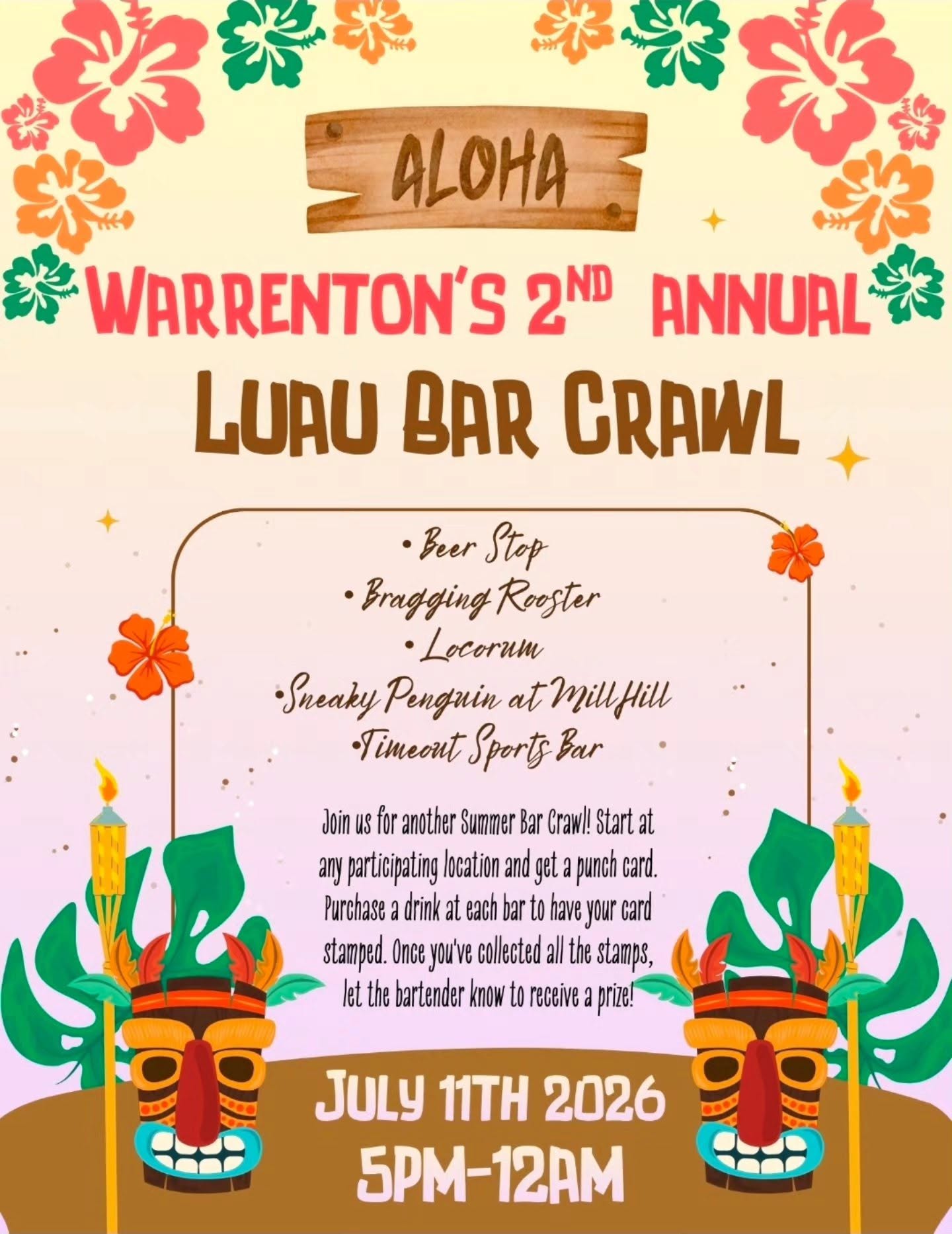warrenton luau bar crawl beer stop bragging rooster locorum sneaky penguin at mill hill time out sports bar july 11 2026